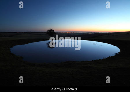 Étang de rosée sur les South Downs au crépuscule. La mer et les lumières de Brighton sont à peine visible à l'arrière-plan. Banque D'Images