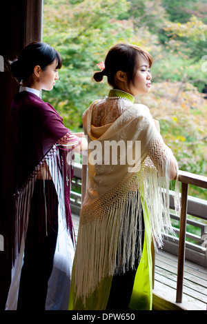 Deux jeunes femmes dans une robe vietnamienne traditionnelle donnant sur le rail en bois à l'étang. Banque D'Images