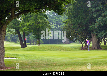 Golfeur sur le chipping green avec la balle dans les airs. Banque D'Images