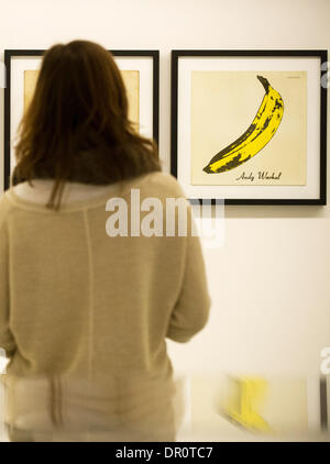 Oberhausen, Allemagne. 17 Jan, 2014. Une femme regarde l'œuvre "The Velvet Unterground & Nico" par Andy Warhol au Ludwig Galerie à Oberhausen, Allemagne, 17 janvier 2014. L'exposition 'L'artiste pop Andy Warhol' se déroule du 19 janvier au 18 mai 2014 à la Galerie à Ludwig Schloss Oberhausen. Photo : JAN-PHILIPP STROBEL/dpa/Alamy Live News Banque D'Images