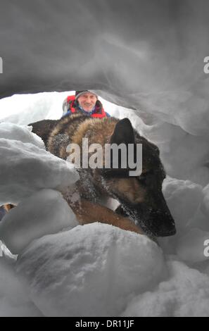 Garmisch-Partenkirchen, Allemagne. 17 Jan, 2014. Avalanch entraîneur de chien Franz Schreiber s'agenouille à côté de rescue dog Aico comme il creuse des survivants lors d'un exercice d'entraînement dans les Alpes, près de Garmisch-Partenkirchen, Allemagne, 17 janvier 2014. Dresseurs de chiens de sauvetage en montagne sont la formation de leurs chiens de recherche de victimes d'avalanche pour une semaine. Photo : Karl Josef OPIM/dpa/Alamy Live News Banque D'Images