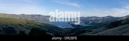 Vue panoramique, d'un grand angle sur Akaroa Harbour, sur la péninsule de Banks, près de Christchurch, Nouvelle-Zélande Banque D'Images