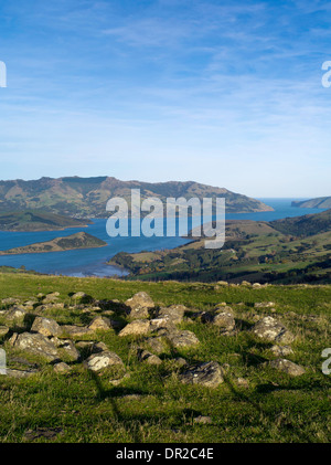 D'un grand angle sur Akaroa Harbour, sur la péninsule de Banks, près de Christchurch, Nouvelle-Zélande Banque D'Images