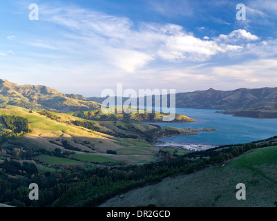 D'un grand angle sur Akaroa Harbour, sur la péninsule de Banks, près de Christchurch, Nouvelle-Zélande Banque D'Images