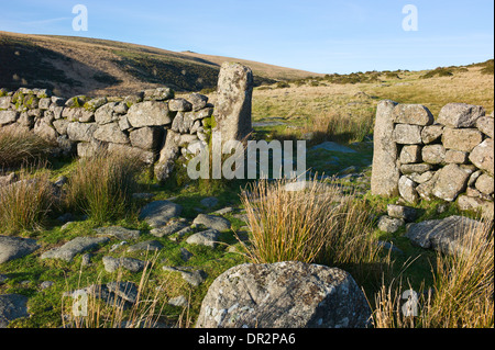 Passerelle à travers un mur en pierres sèches de granit à l'ouest de la vallée de la rivière Dart vers Beardown Tors, Dartmoor, Devon Banque D'Images