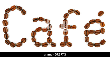 Un mot écrit avec café Coffee beans on a white background Banque D'Images
