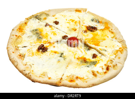 Italian Pizza quatro formaggi (quatre) de fromage sur planche de bois isolé sur fond blanc Banque D'Images