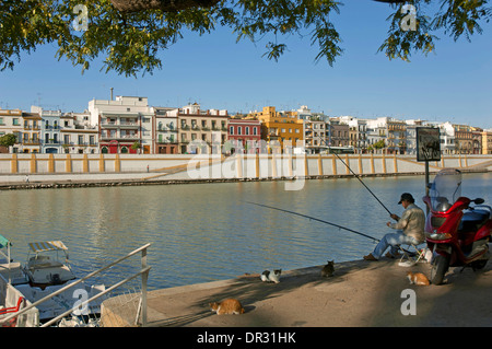 Guadalquivir de Triana et pêcheur, Séville, Andalousie, Espagne, Europe Banque D'Images