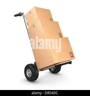 Un Hand-Truck incliné avec trois boîtes de carton sur fond blanc. Banque D'Images