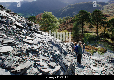 Déchets de mine d'ardoise en dessous du sommet de Castle Crag, Borrowdale, Cumbria, Lake District, UK. Octobre. Banque D'Images