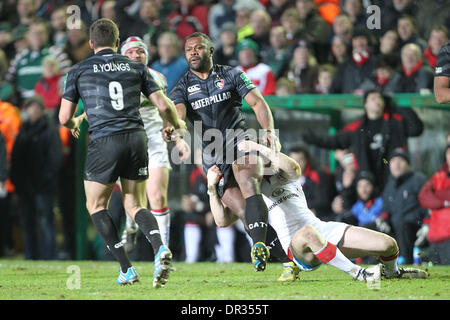 Leicester, Royaume-Uni. 18 janvier, 2014. Vereniki Goneva est abordé au cours de la Heineken Cup 5 match entre Leicester Tigers et Ulster de Welford Road. Credit : Action Plus Sport/Alamy Live News Banque D'Images