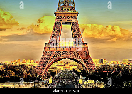 Une vue rapprochée de la Tour Eiffel au pont d'lena au coucher du soleil. Banque D'Images