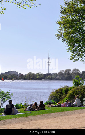 Début du printemps, les cerisiers en fleurs le long du lac Alster extérieur, ville hanséatique de Hambourg, Allemagne, Europe Banque D'Images