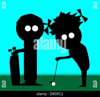 Silhouette d'un personnage ou deux jouer au golf. Banque D'Images