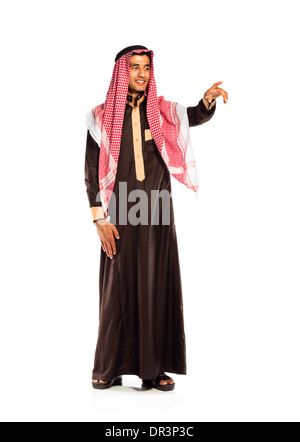 L'homme arabe en appuyant sur le bouton virtuel sur fond blanc Banque D'Images