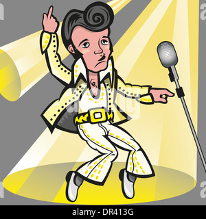 Cette illustration représente l'acteur Elvis Presley le bassin, avec son costume blanc. Banque D'Images
