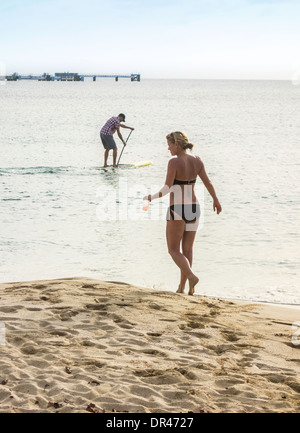 Un blanc femme porte un verre le long de la plage alors qu'un homme joue sur un stand up paddle board dans les Caraïbes. Sainte Croix, Îles Vierges des États-Unis. Banque D'Images