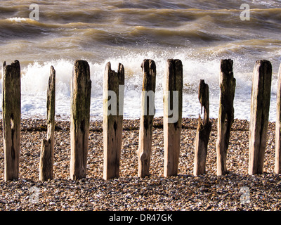 Posts sur la plage avec des vagues de la mer derrière eux Banque D'Images