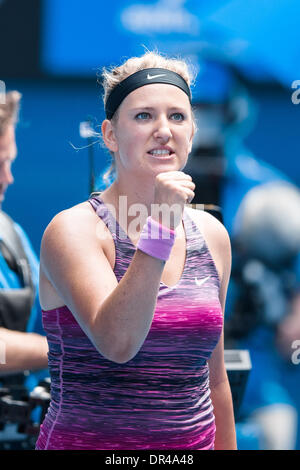 Melbourne, Victoria, Australie. 20 Jan, 2014. 20 janvier 2014 : 2ème seed Victoria Azarenka (BLR) célèbre après avoir battu 13ème seed Sloane STEPHENS (USA) dans un 4ème match au jour 8 de l'Australian Open 2014 Tournoi de tennis du grand chelem à Melbourne Park, Melbourne, Australie. Bas Sydney/Cal Sport Media/Alamy Live News Banque D'Images