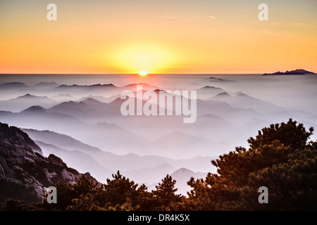 Le brouillard roulant sur les montagnes rocheuses, Huangshan, Anhui, Chine Banque D'Images