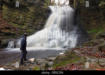 Randonneur admirant la vue d'Hareshaw Linn près de Bellingham Northumberland England UK Banque D'Images