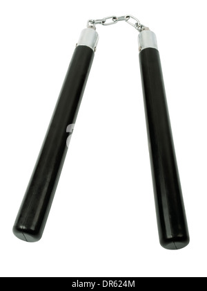 Arme nunchaku noir isolé sur fond blanc Banque D'Images