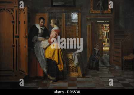 Pieter de Hooch (1629-c.1683). Peintre hollandais. Intérieur avec des femmes à côté d'un placard de linge, 1663. Banque D'Images