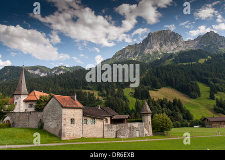 Château de Rougemont dans la vallée de la Saane dans les Alpes suisses, le Rubli montagne dans l'arrière-plan Banque D'Images