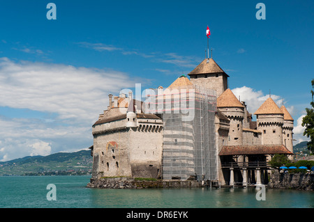 Vue du château de Chillon près de Montreux sur les rives du lac de Genève, Suisse Banque D'Images