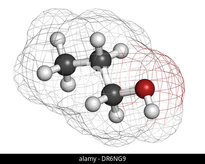 Propanol (n-propanol) molécule de solvant. Les atomes sont représentés comme des sphères classiques avec code couleur. Banque D'Images