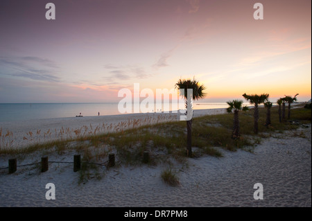 USA Mississippi Biloxi MS Gulf Coast Beach au coucher du soleil avec des palmiers Banque D'Images