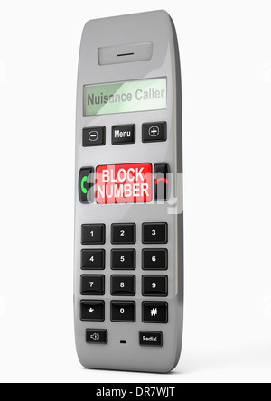 Combiné téléphonique avec affichage à l'écran 'lecture' appelant nuisance et un grand bouton rouge disant Numéro de bloc Banque D'Images