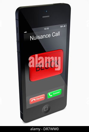 De style iPhone combiné smartphone avec affichage à l'écran 'lecture' appelant nuisance et un grand bouton rouge disant BLOCK Banque D'Images