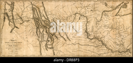 'Une carte de Lewis et Clark's Track dans toute la partie ouest de l'Amérique du Nord, depuis le Mississippi jusqu'à l'océan Pacifique par l'arrêté de l'exécutif des États-Unis en 1804.5&6. Copié par Samuel Lewis à partir de l'original du dessin de Wm (William Clark (1770-1838)).' La carte montre l'historique expédition sous le commandement de capitaines Lewis et Clark pour trouver les sources de la rivière Missouri, à travers les Rocheuses et le long du fleuve Columbia à l'océan pacifique menée au cours des années 1804 à 1806-6. Gravée par Samuel Harrison et publié pour la première fois en 1814. Banque D'Images