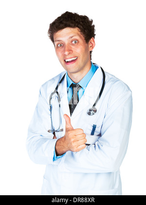 Portrait of a male doctor avec doigt vers le haut sur fond blanc Banque D'Images