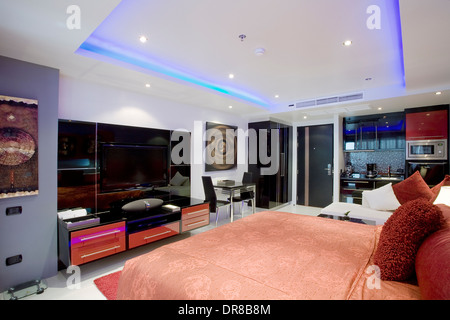 Vue panoramique de Nice chambre moderne et élégante. Les images sur le mur ont été modifiées. Banque D'Images