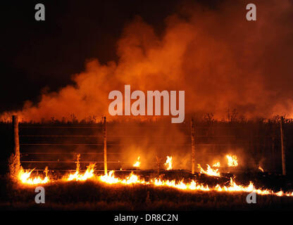 Buenos Aires, Argentine. Jan 21, 2014. La fumée dense et flamme est vu dans la ville de Madero partido de Pehuajo, dans la province de Buenos Aires, Argentine, le 21 janvier 2014. L'incendie a été causé par un éclair qui tenaient la ville de Madero, selon des témoins. Crédit : Jose Romero/TELAM/Xinhua/Alamy Live News Banque D'Images