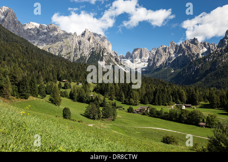 La vallée Val Canali, vue de Piereni. Les Pale di San Martino mountain group. Les Dolomites du Trentin. Alpes italiennes. Banque D'Images