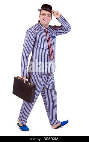 L'homme en pyjama avec suitcase Banque D'Images