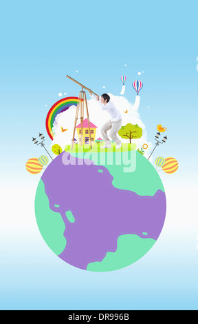 Un homme debout sur un globe illustré Banque D'Images