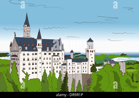 Illustration du château de Neuschwanstein en Allemagne Banque D'Images