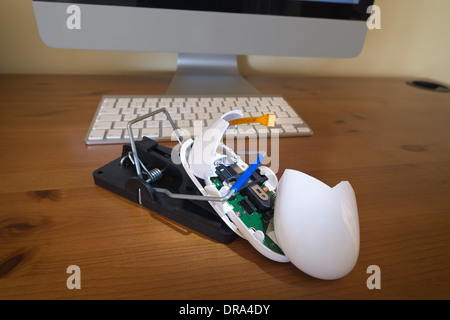 Souris d'ordinateur pris et brisé en deux dans une souricière rattrap avec les fils des ampoules à traîner dans l'impossibilité de se connecter au pc Banque D'Images