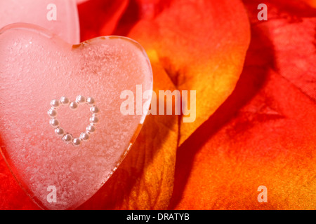 Forme de coeur incorporé dans un coeur de glace artificielle sur des pétales de rose Banque D'Images