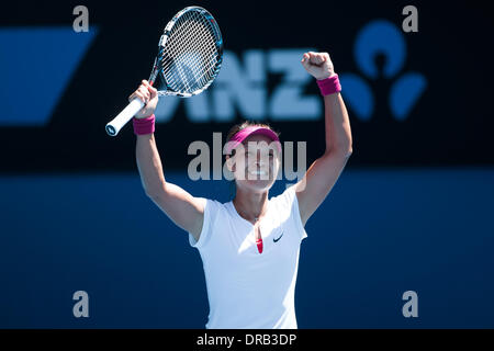 Melbourne, Victoria, Australie. 23 Jan, 2014. 23 janvier 2014 : 4ème seed Na LI (CHN) célèbre après avoir battu 30ème Eugénie BOUCHARD (CAN) dans une demi-finale match le jour 11 de l'Australian Open 2014 Tournoi de tennis du grand chelem à Melbourne Park, Melbourne, Australie. Bas Sydney/Cal Sport Media/Alamy Live News Banque D'Images