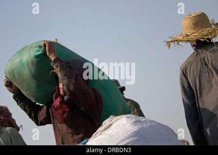 Un homme qui est une chasse travailleur est porteur d'une large sac à la décharge de Stung Meanchey toxiques à Phnom Penh, Cambodge. Banque D'Images