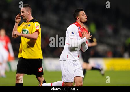 Chasselay, France. 22 janvier, 2014. Joie de Emmanuel Riviere (Monaco) lors de la Coupe de France match entre les Monts d'Or Azergues Foot et que Monaco du Stade Ludovic Giuly. Credit : Action Plus Sport/Alamy Live News Banque D'Images