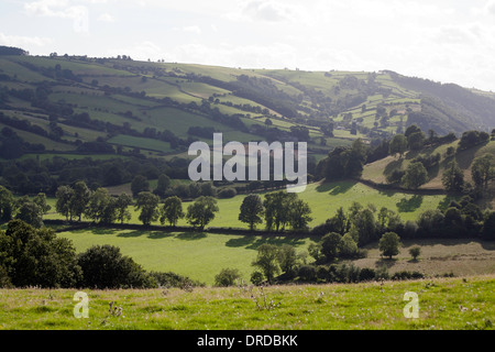 Une vue sur la vallée de la rivière d'Oisans du Shropshire Cours sur Cefns entre Oisans et Newcastle Banque D'Images