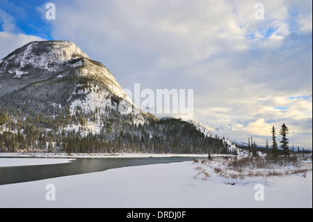 Un paysage d'hiver image le long de la rivière Athabasca dans le parc national Jasper, Alberta, Canada. Banque D'Images