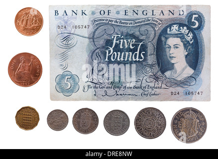 Billet de 5 livres décimal avant, la reine Elizabeth II, UK, 1963 et pièces Banque D'Images