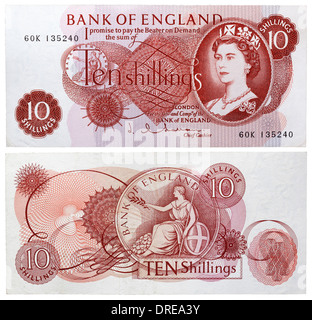 Billet de 10 shillings, La Reine Elizabeth II et Britannia assise, UK, 1962 Banque D'Images
